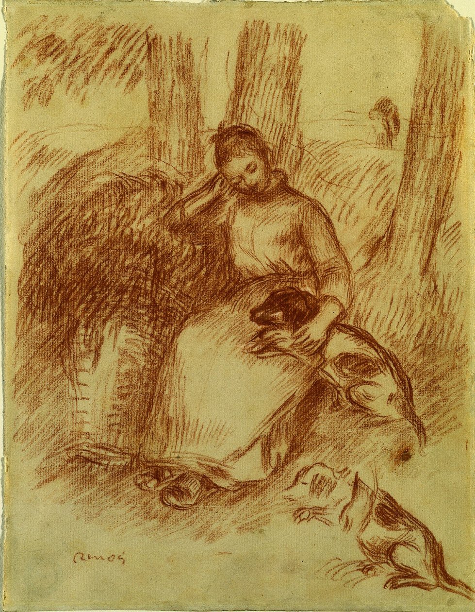 Bondepike med hund, ca. 1894. av Pierre Auguste Renoir