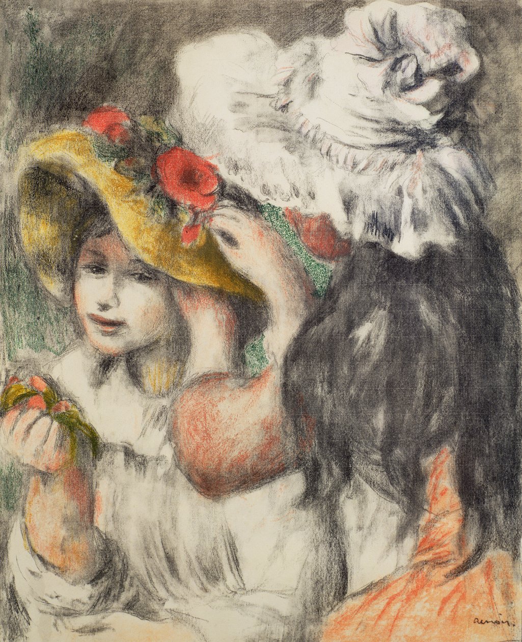 Pinning The Hat, 1898 av Pierre Auguste Renoir