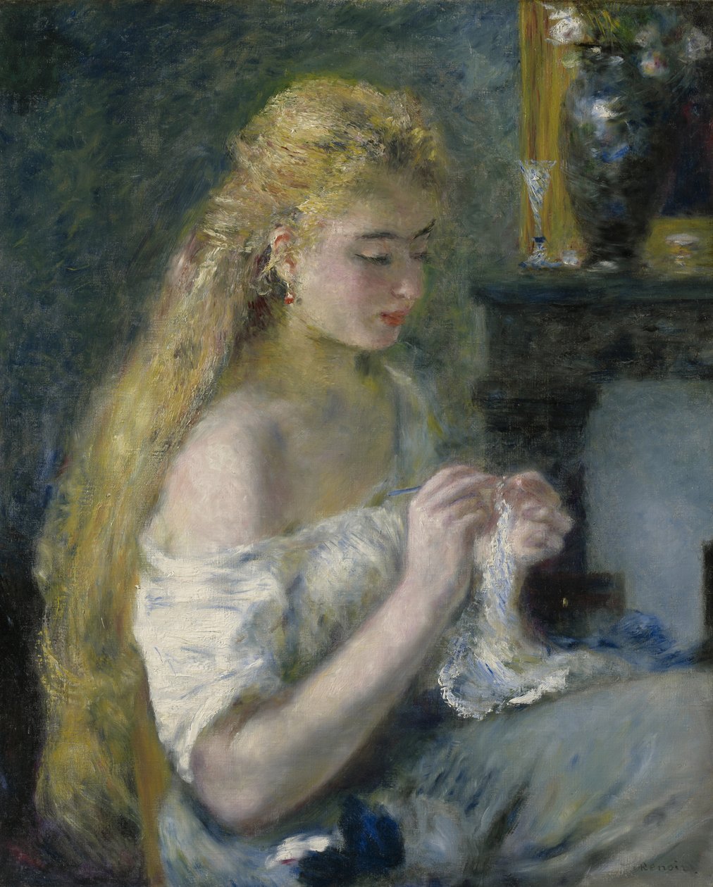 Kvinne hekler, ca. 1875 av Pierre Auguste Renoir