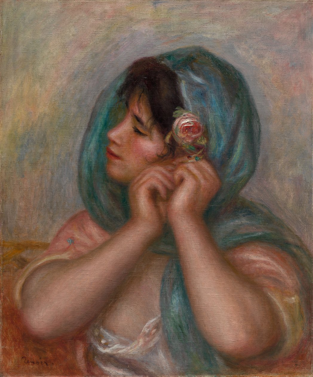 Ung kvinne som arrangerer øredobber, 1905. av Pierre Auguste Renoir