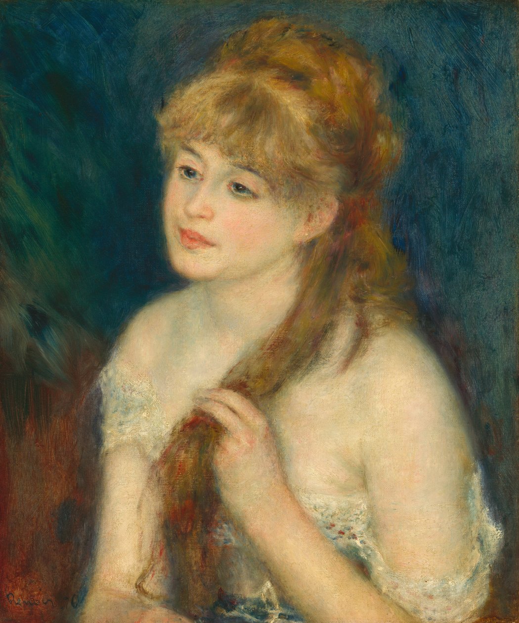 Ung kvinne som fletter håret, 1876. av Pierre Auguste Renoir