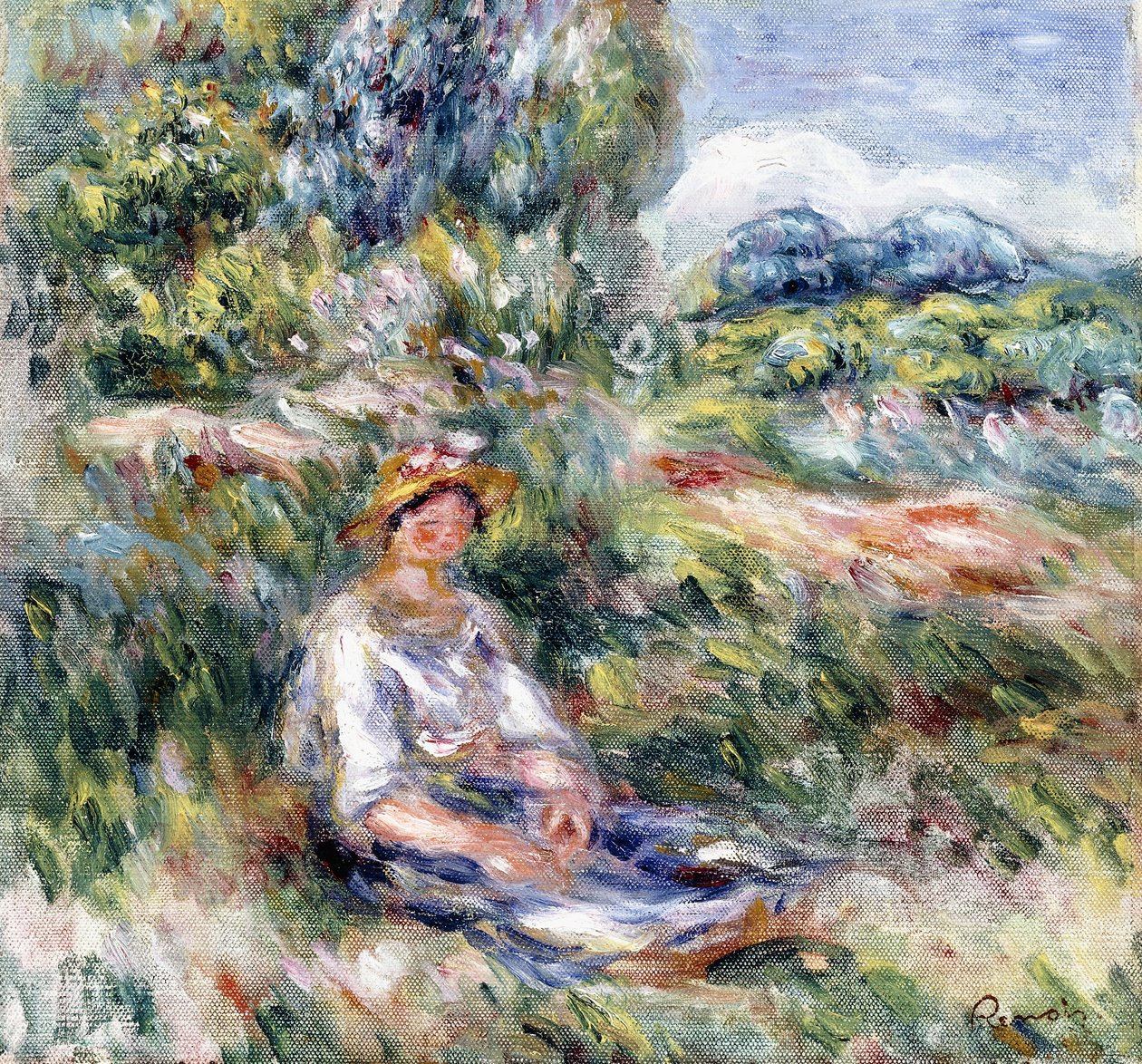 Ung kvinne sitter på en eng, av Pierre Auguste Renoir