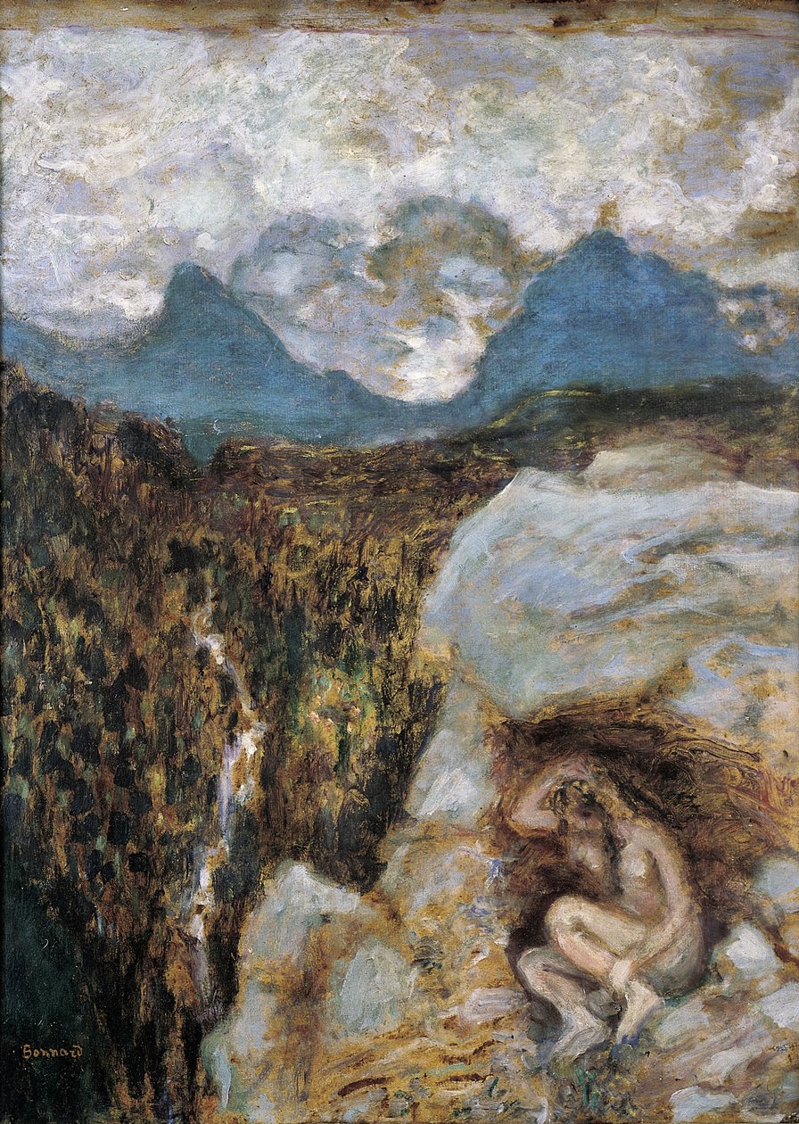 Nue au Rocher (olje om bord) av Pierre Bonnard
