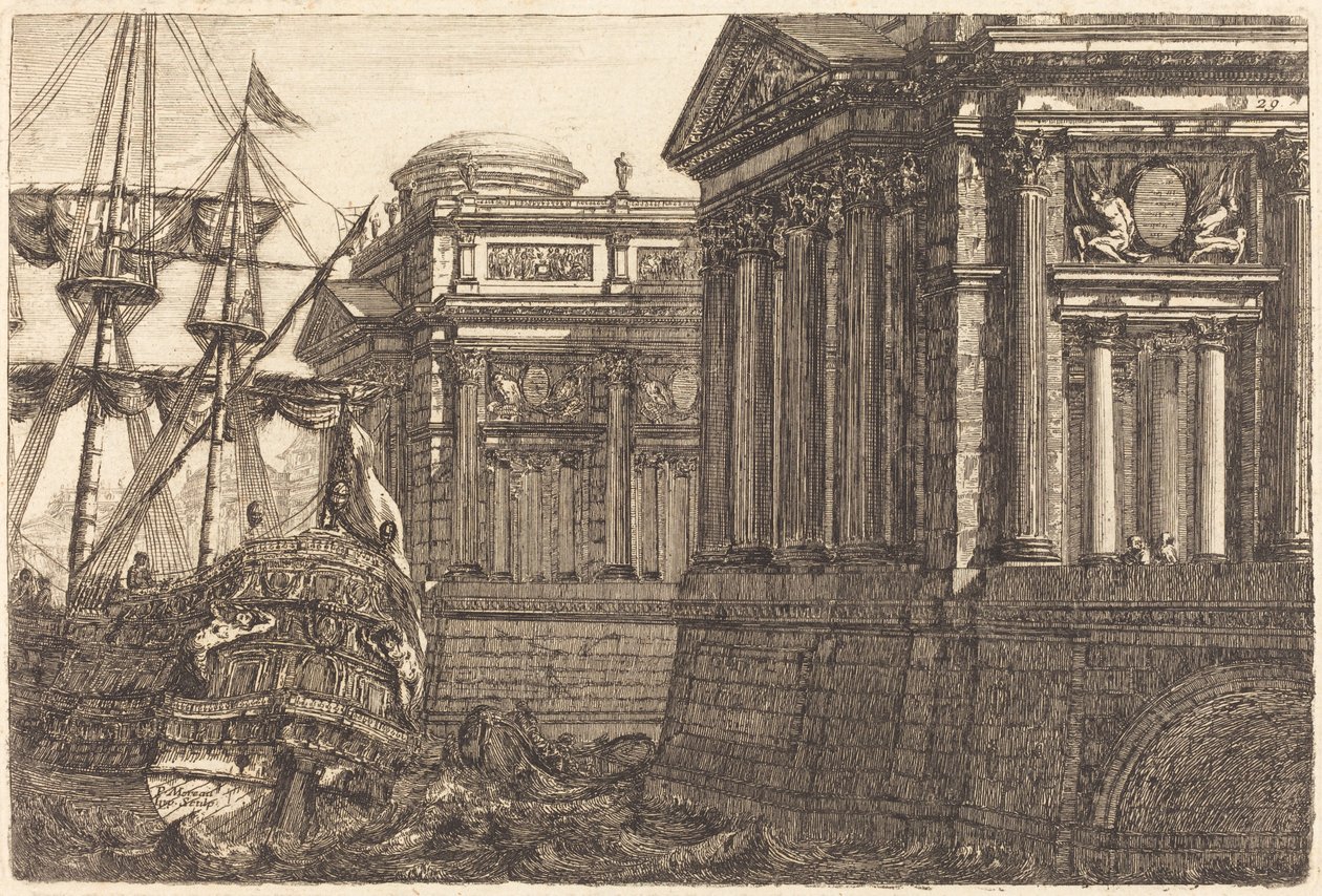 Imaginær havnescene av Pierre Moreau