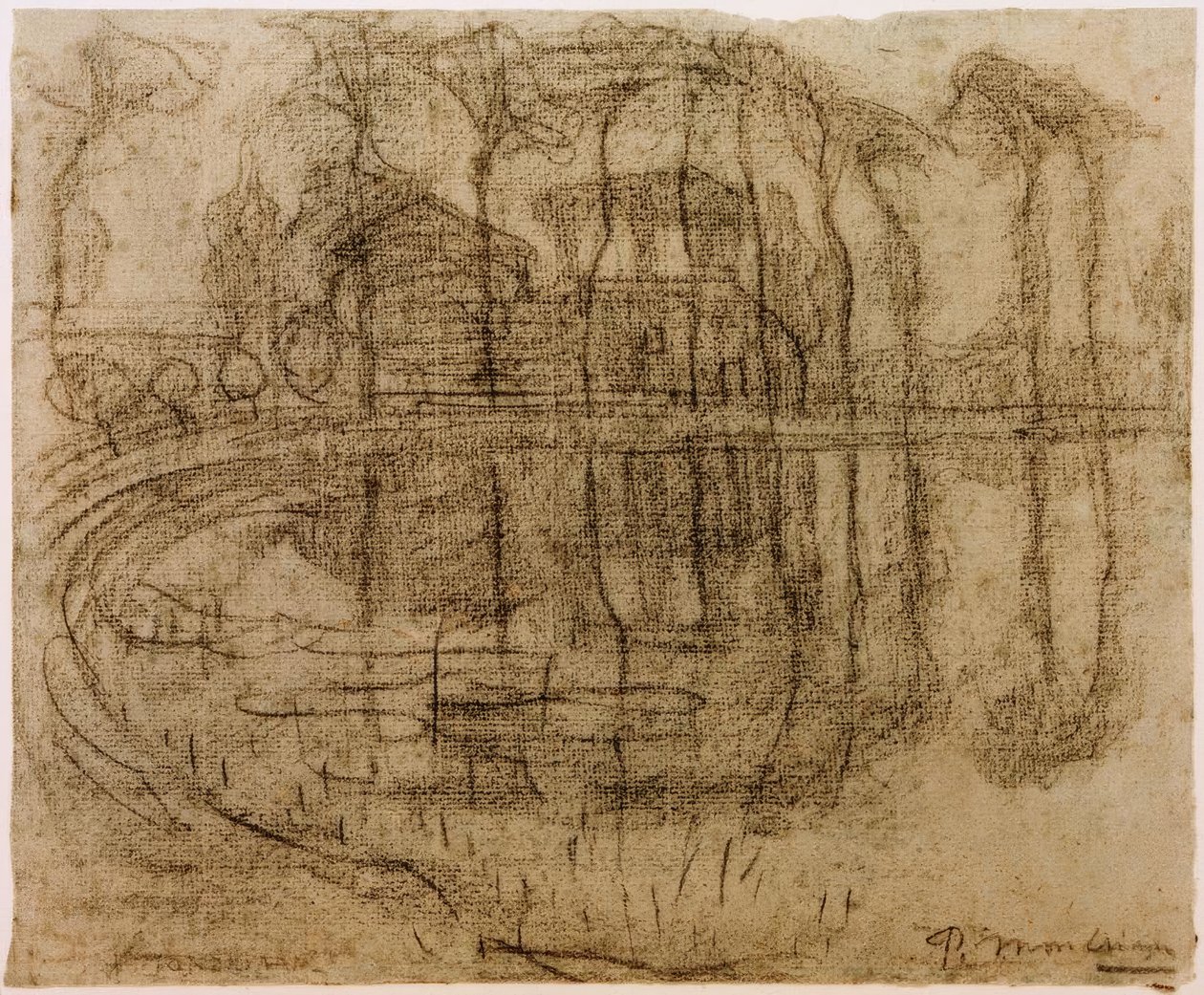 Våningshus med trær ved vannet av Piet Mondrian