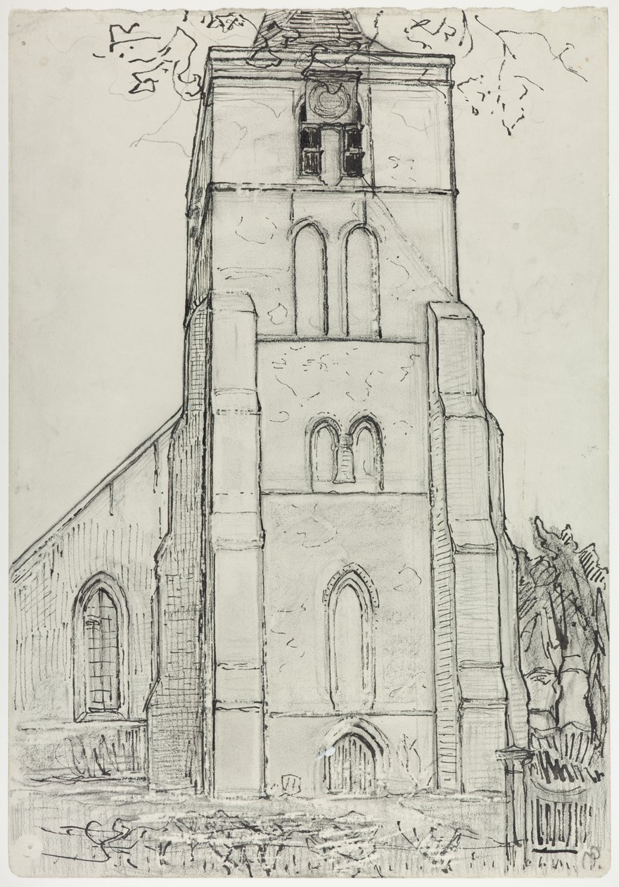 Kirketårnet i Domburg, slutten av 1910-begynnelsen av 1911 (blekk over blyant og fargestift på papir) av Piet Mondrian