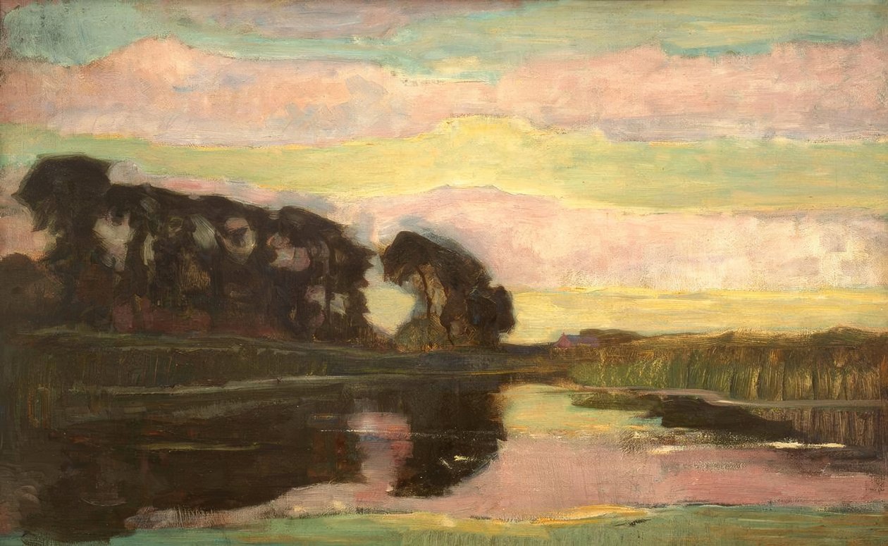 Elvelandskap med en rosa og gulgrønn himmel av Piet Mondrian