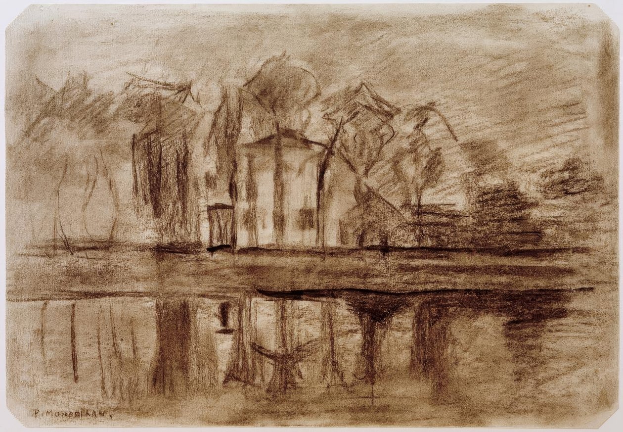 Hus med trær ved vannet av Piet Mondrian