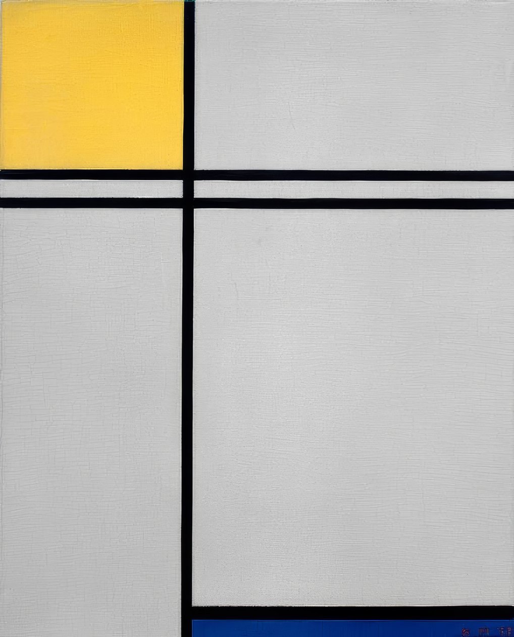 Komposisjon med gul, blå og dobbel linje av Piet Mondrian