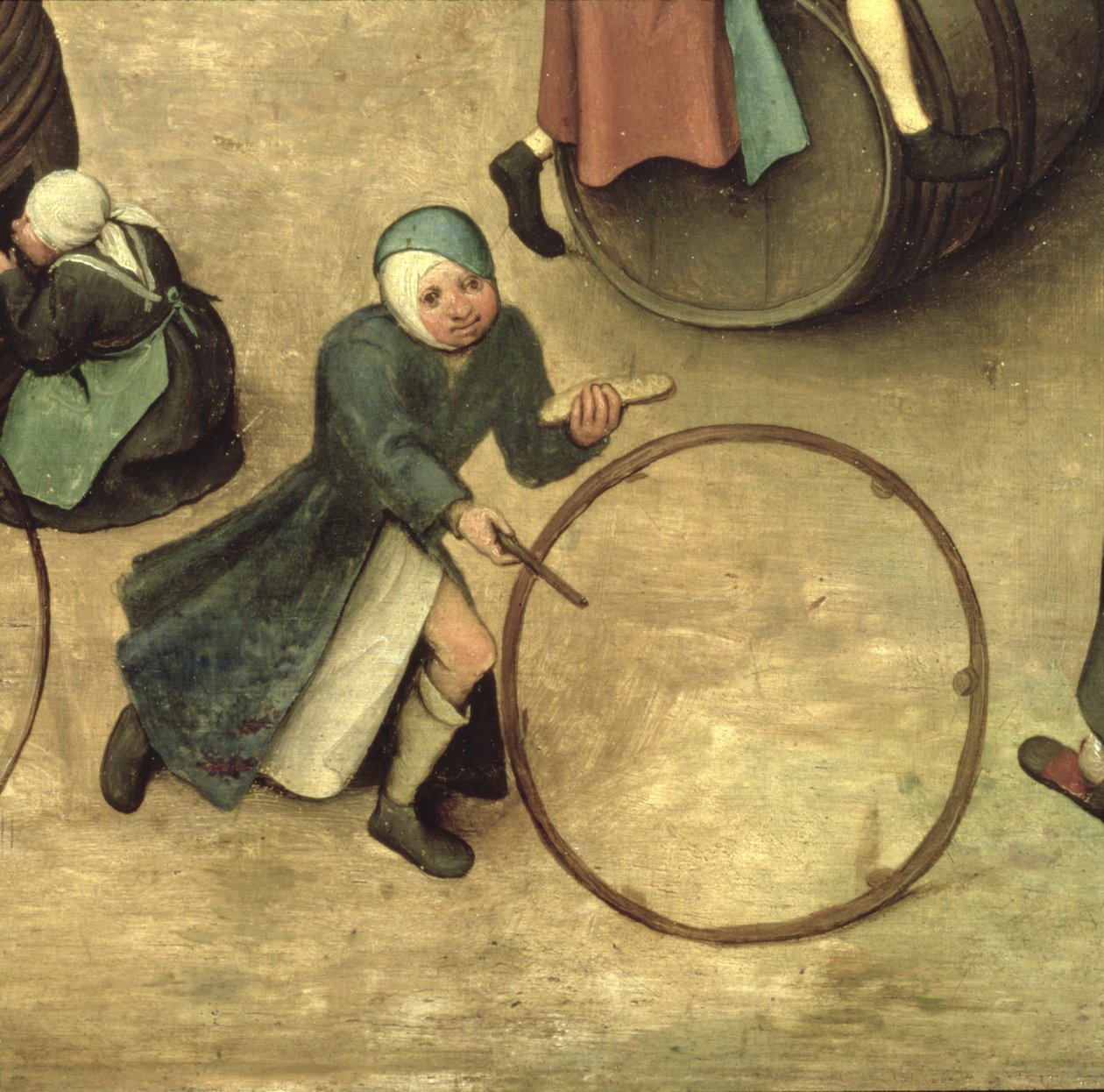 Barnespill (Kinderspiele): detalj av et barn med en pinne og bøyle, 1560 (detalj av 68945) av Pieter Bruegel the Elder