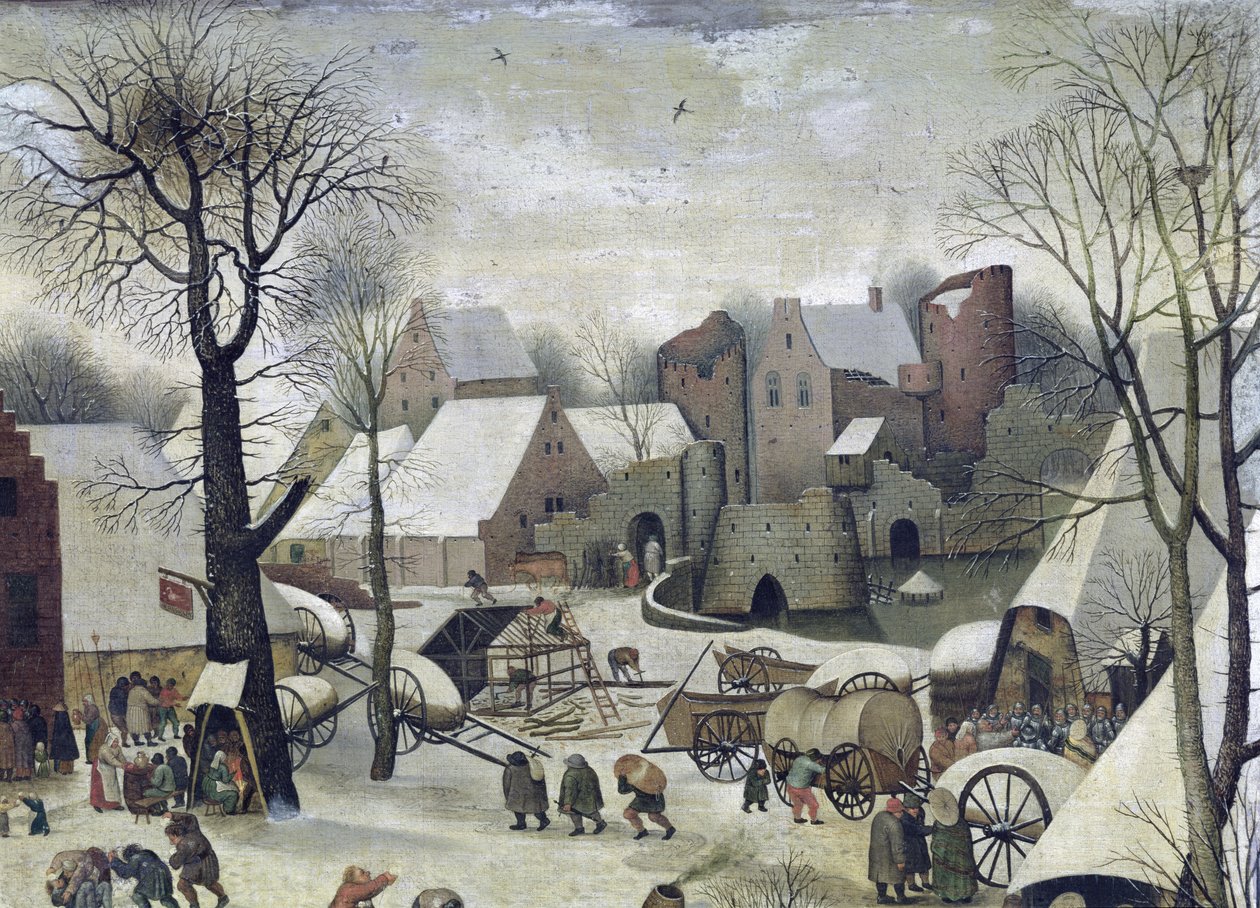 Folketellingen i Betlehem, detalj av husene og festningsverkene av Pieter Bruegel the Elder