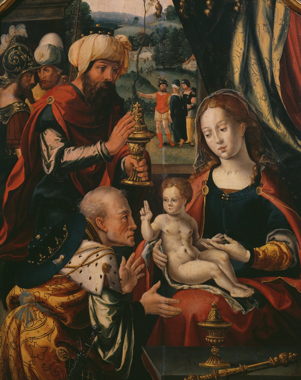 Adoration of the Magi, Epiphany Triptych, detalj, ca. 1540 (se også 345852) av Pieter Coecke van Aelst