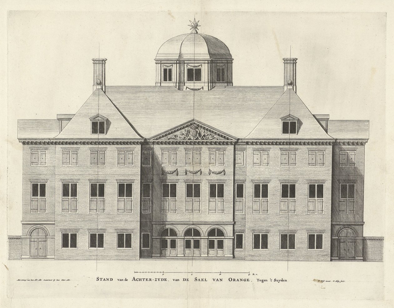 Bakside Palace Huis ten Bosch, Holland, Pieter Nolpe etter Pieter Jansz. Stolpe, etsning 294 mm × 387 mm, 1655 av Pieter Nolpe