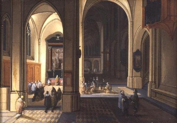 Interiør i en gotisk kirke (olje på kobber) av Pieter the Elder Neeffs