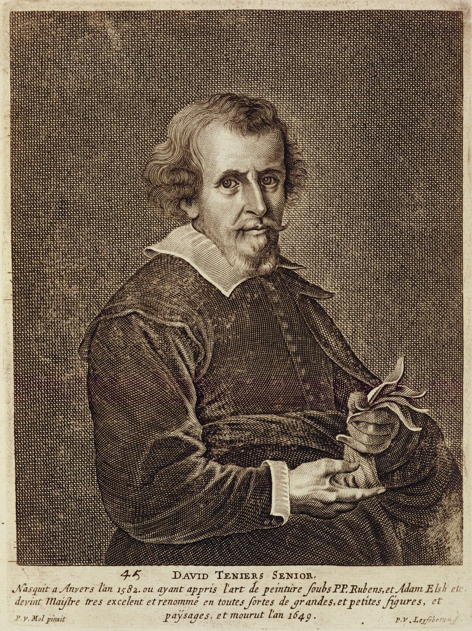 Portrett av David Teniers I (1582-1649) plate 45 fra en serie portretter av kunstnere, gravert av Peter van Leysebetten (1630-c.1678) av Pieter van Mol