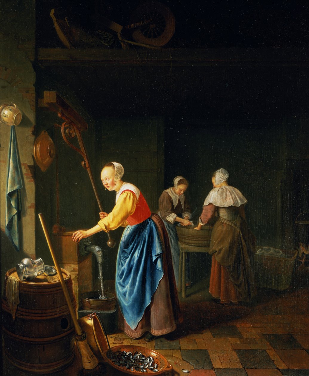 En kjøkkenscene med en hushjelp som henter vann fra en brønn av Pieter Cornelisz van Slingelandt
