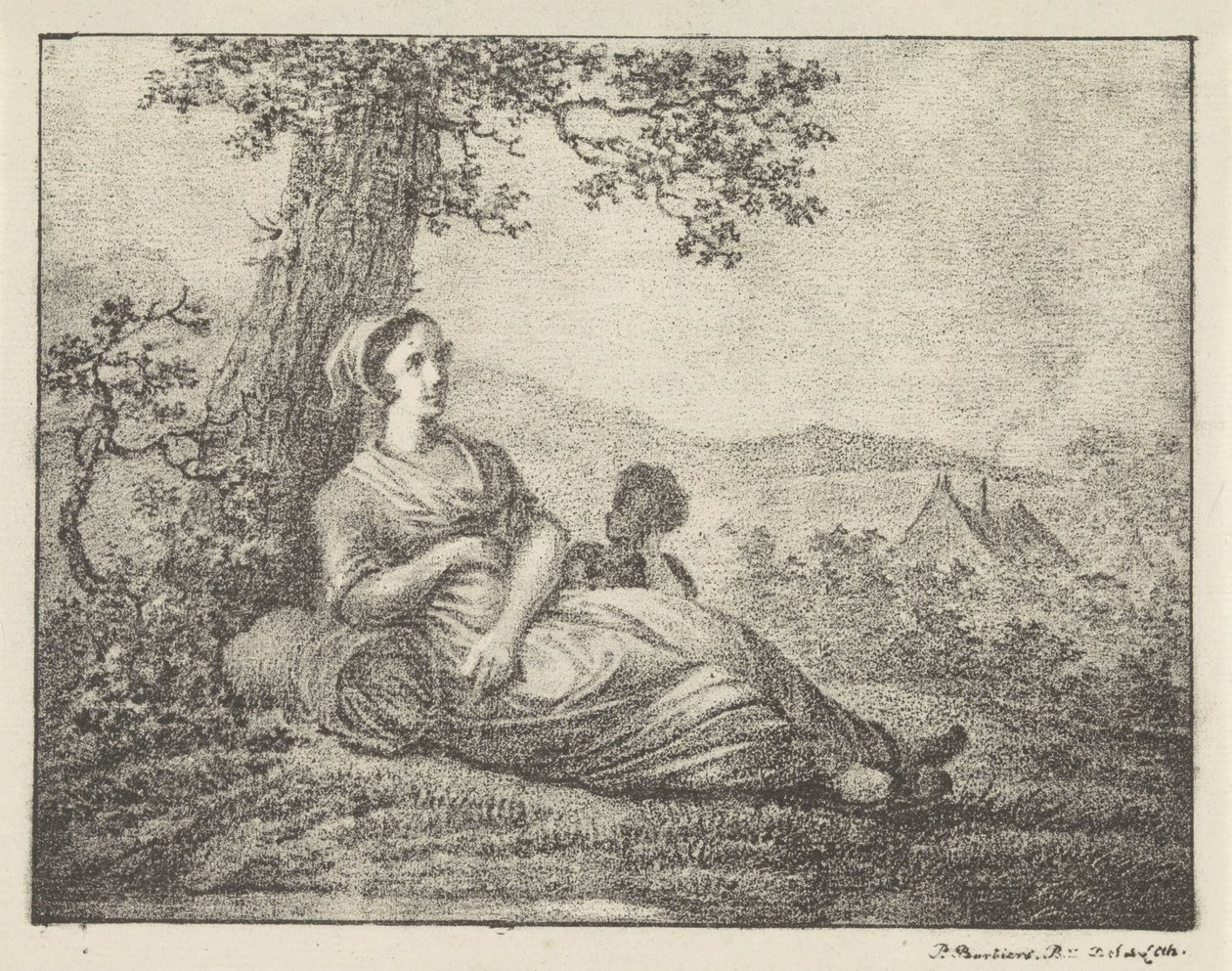 Hviler kvinne ved tre av Pieter Bartholomeusz. Barbiers