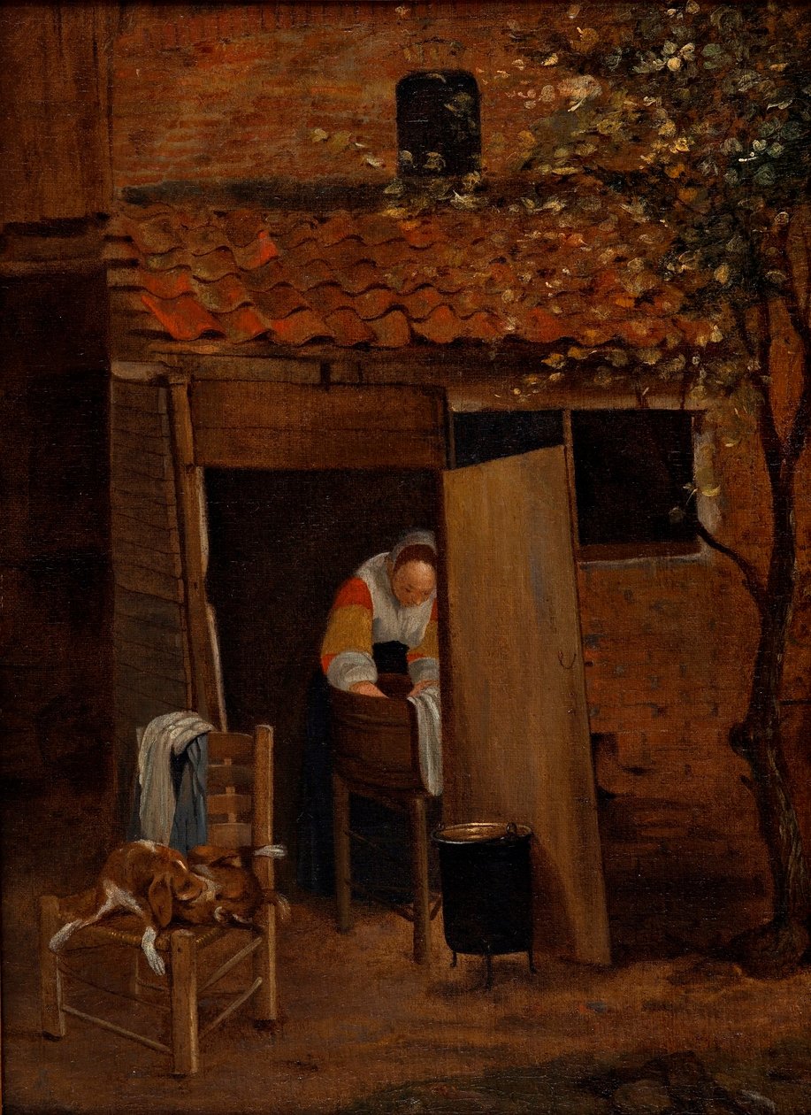 Jente som vasker klær. av Pieter Hooch de