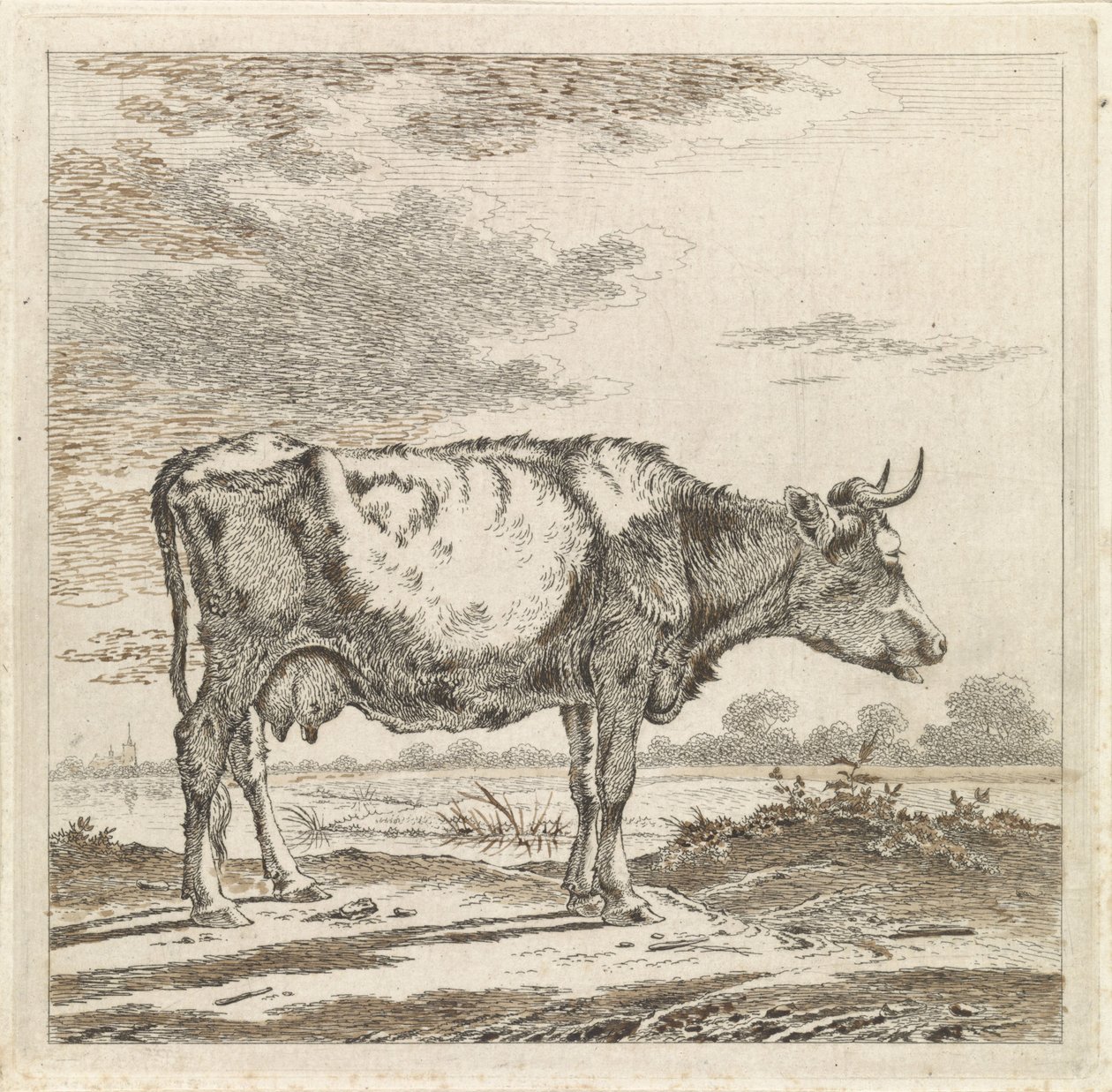 Landskap med en ku ved vannkanten av Pieter Janson
