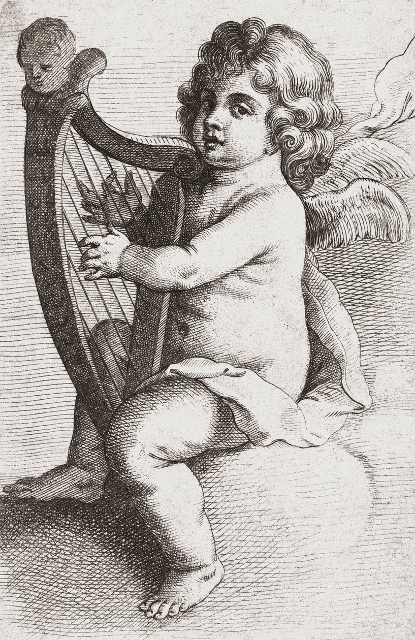En barneengel som spiller harpe. av Pieter van Avont