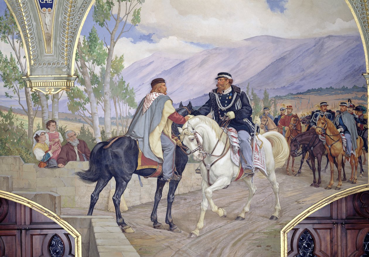 Møtet mellom Giuseppe Garibaldi (1807-82) og kong Vittorio Emanuele II (1820-78) den 26. oktober 1860 i Teano, Italia, detalj om de to lederne som håndhilser, 1886 (detaljer av av Pietro Aldi