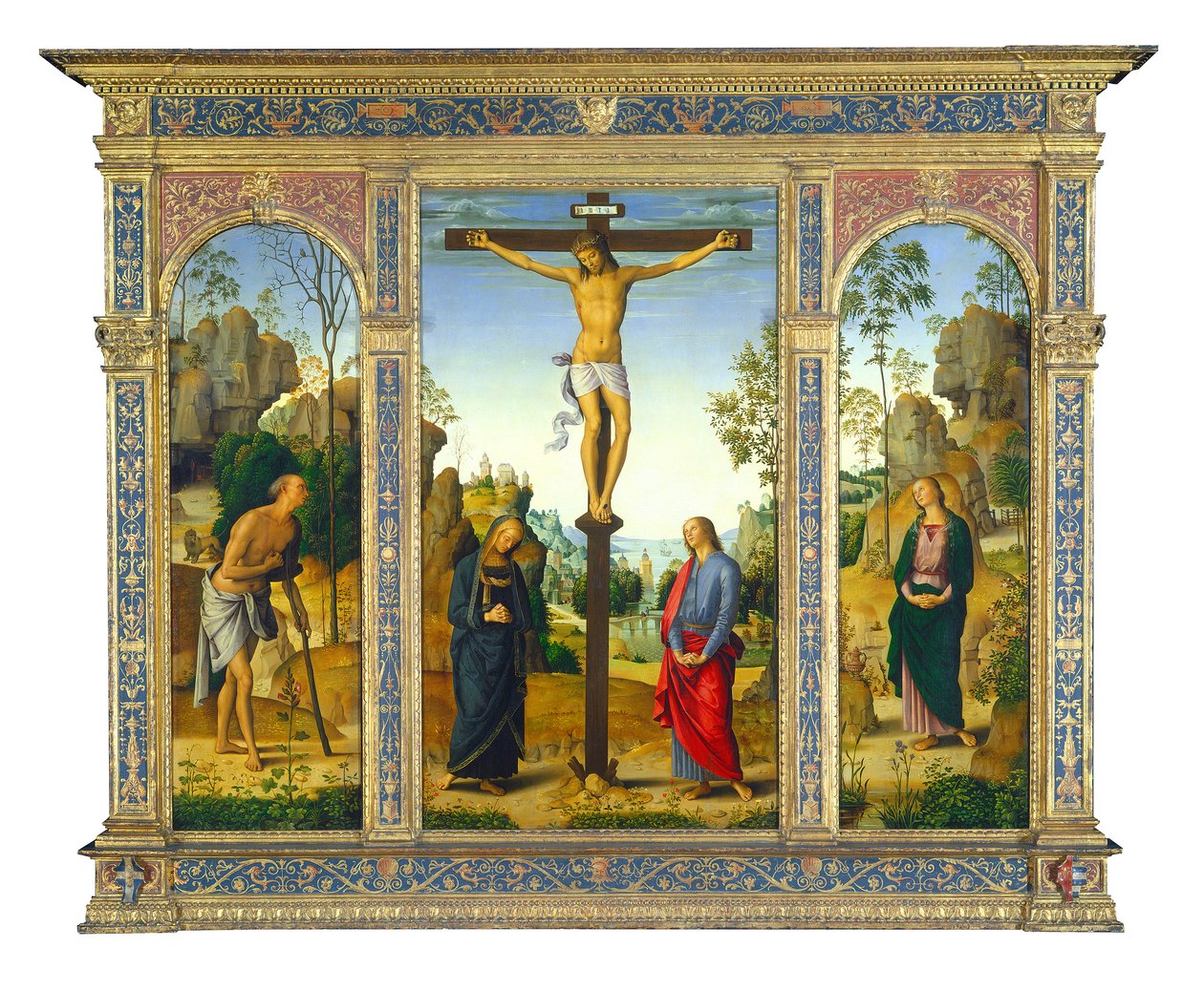 Korsfestelse med Mary og Saint John Evangelist, og Saint Mary Magdalene (til høyre) av Pietro Perugino