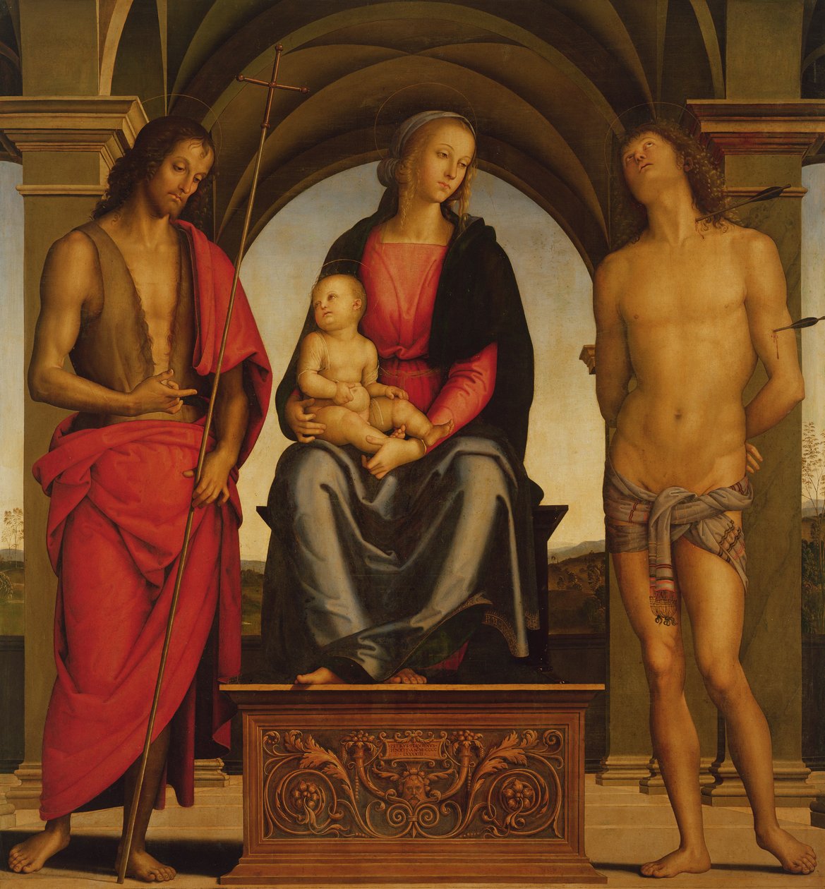 Madonna og barn tronet mellom døperen Johannes og den hellige Sebastian, 1493 av Pietro Perugino