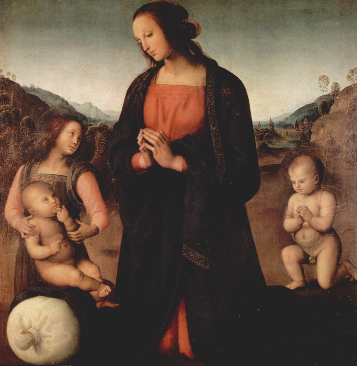 Maria som elsker Kristusbarnet med døperen Johannes og en engel (Madonna des Sacco) av Pietro Perugino