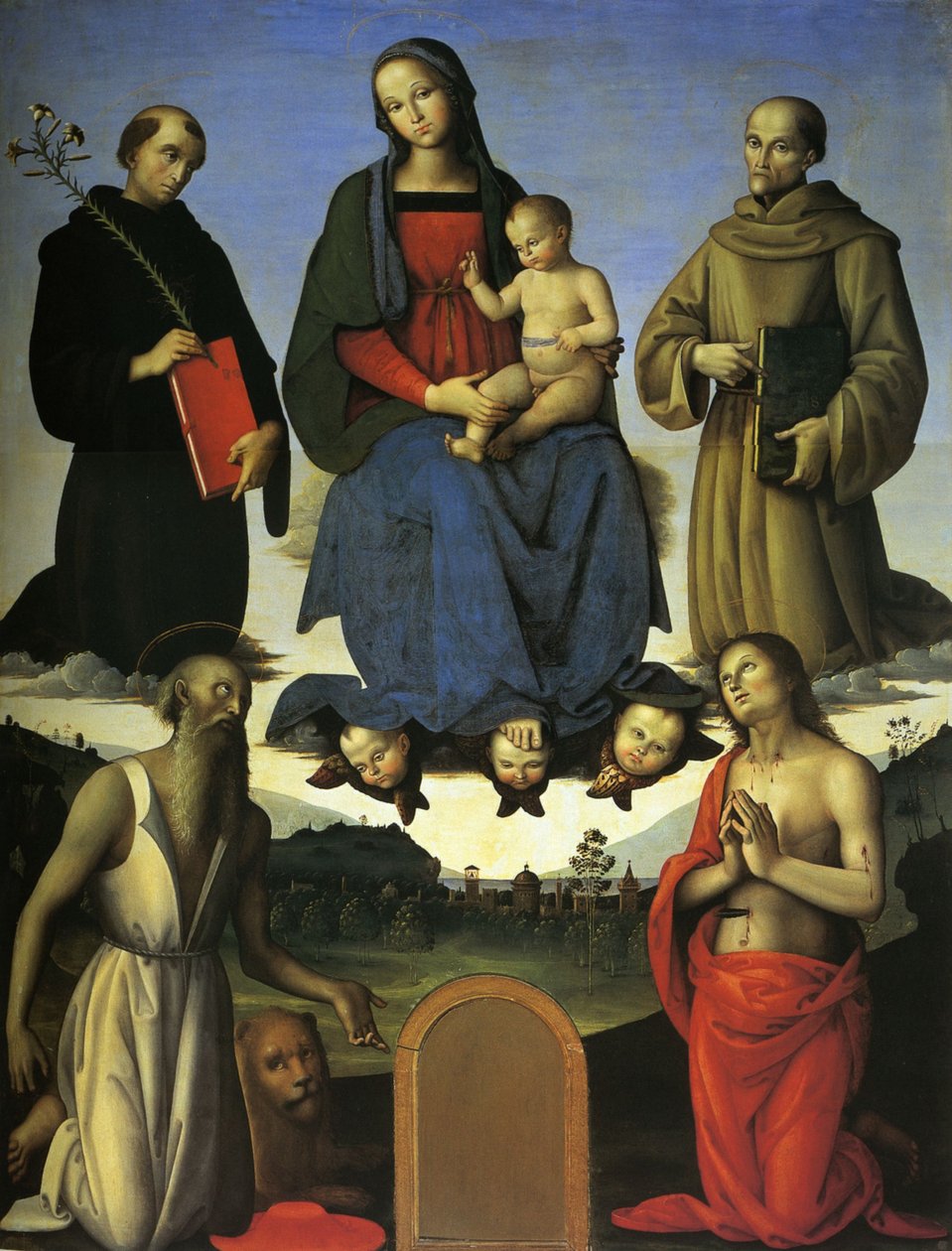 Altertavle Tezi (Jomfru og barn, Saint Nicholas av Tolentino og Saint Bernardino av Siena) av Pietro Perugino