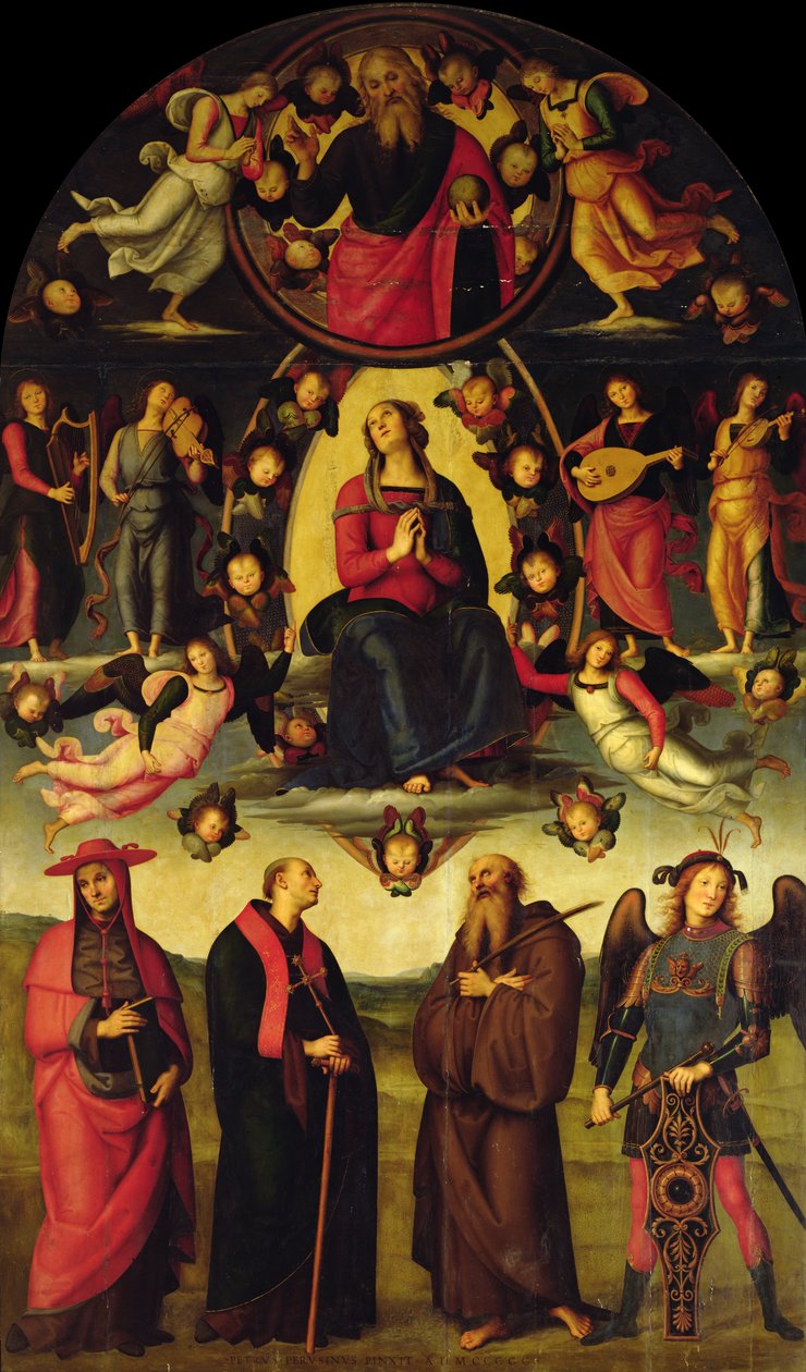 Jomfruen tronet, med engler og helgener (Vallombrosa altertavle) av Pietro Perugino