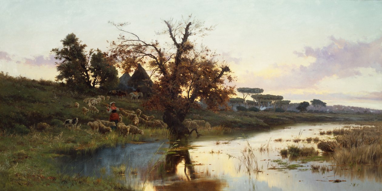 Flokk ved solnedgang (olje på lerret) av Pietro Barucci