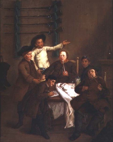 The Hunters Drawing Numbers (olje på panel) av Pietro Longhi