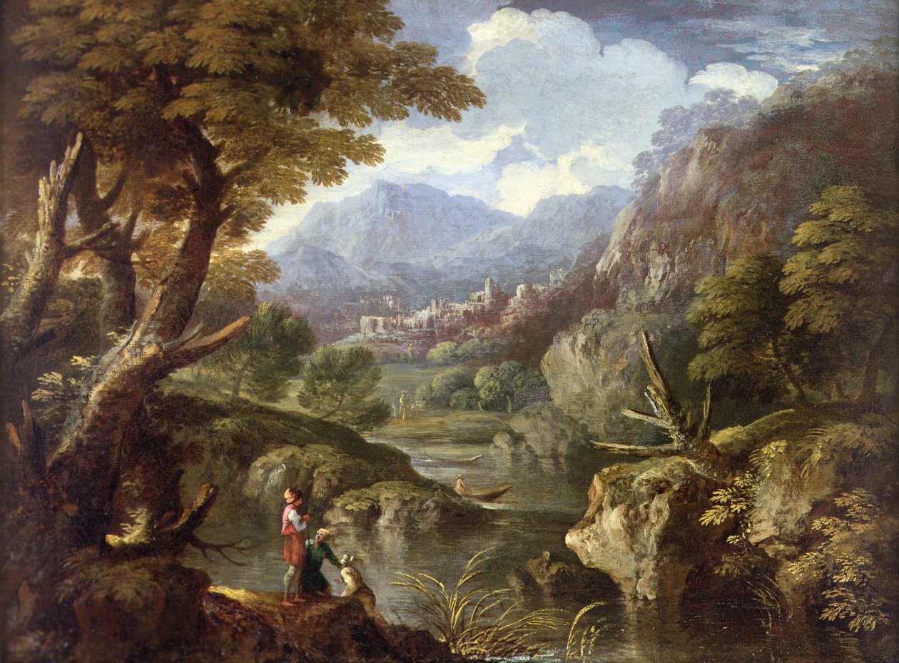 A Mountainous Wooded Landscape (olje på lerret) av Pietro Montanini