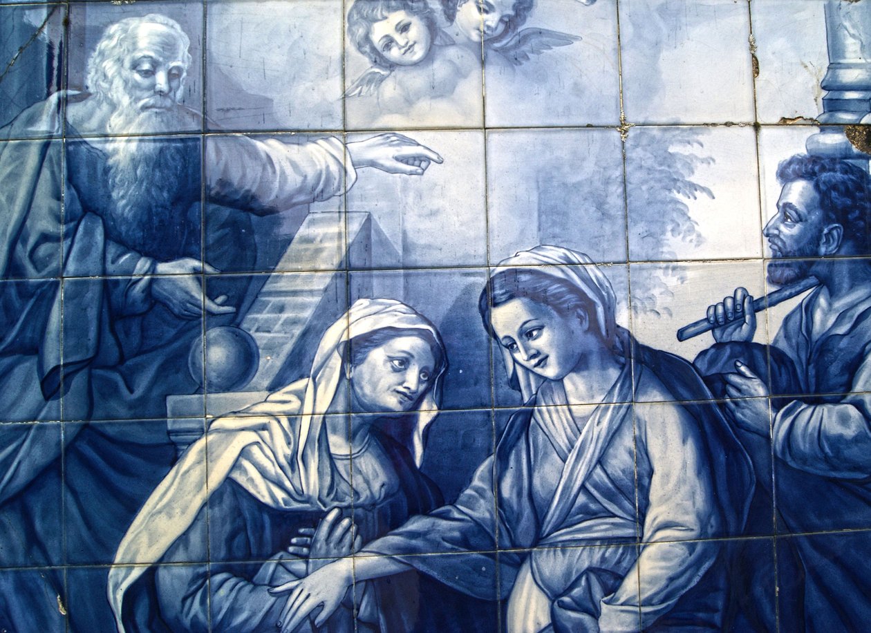 Dekorativt panel som viser Mary og Joseph som ankommer vertshuset, Lamego, Portugal. 1738 (keramiske fliser) av Portuguese School