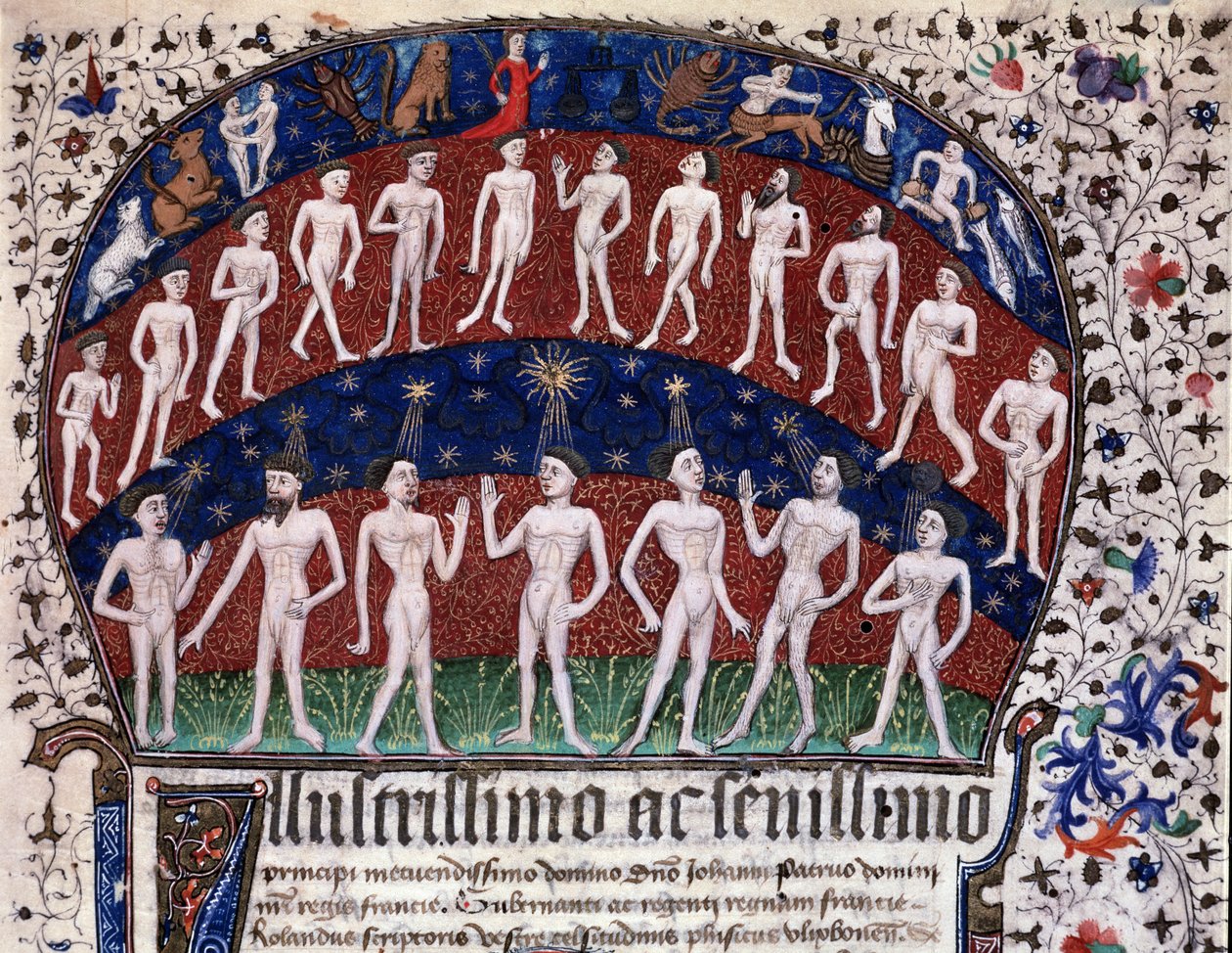 Lisboa, MS 52-XIII-18 f.1r, miniatyr som representerer samsvar mellom organene og planetene og stjernenes innflytelse på stemningene, fra "Physionomia Rolandi Ulixbonensis", av Rolandus Scriptoris av Portuguese School