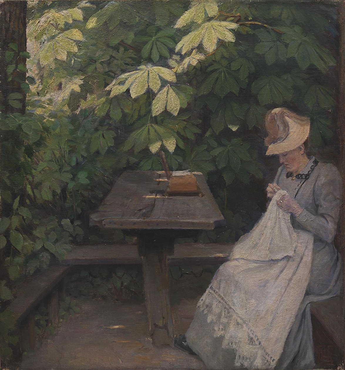 En sommerkledd dame i et lysthus av Poul S. Christiansen