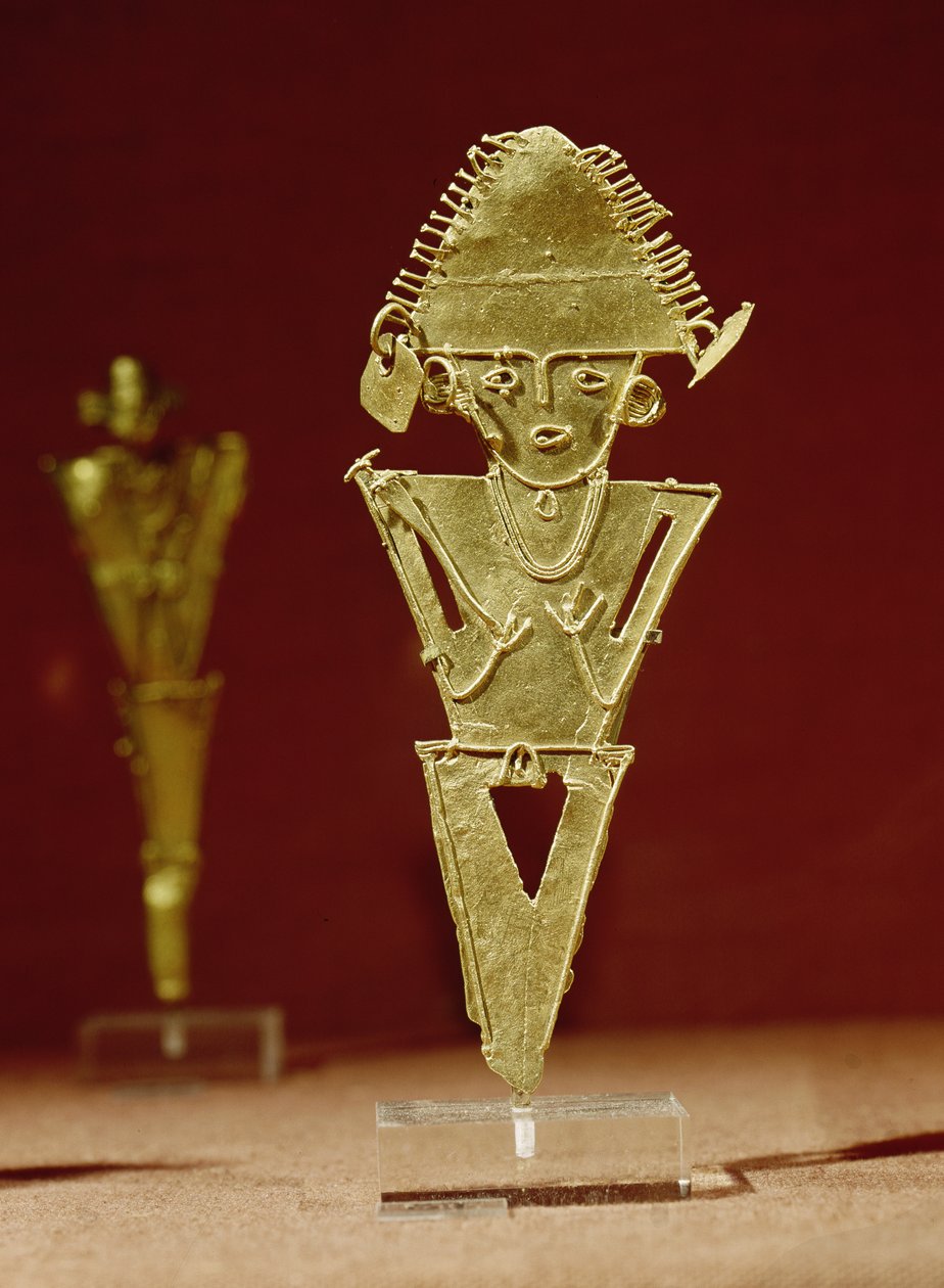 Antropomorf figur av en kriger, fra Tabio, Cundinamarca, Muisca Culture, 1100-1500 (gull) av Pre Columbian