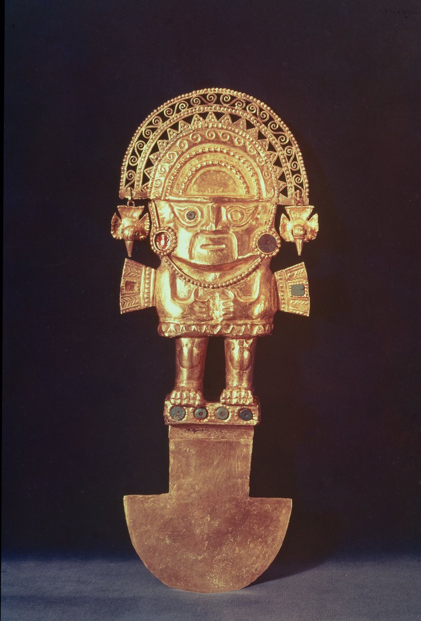 Tumi eller seremoniell kniv i form av Naylamp, Chimu (gull og halvedelstener) av Pre Columbian