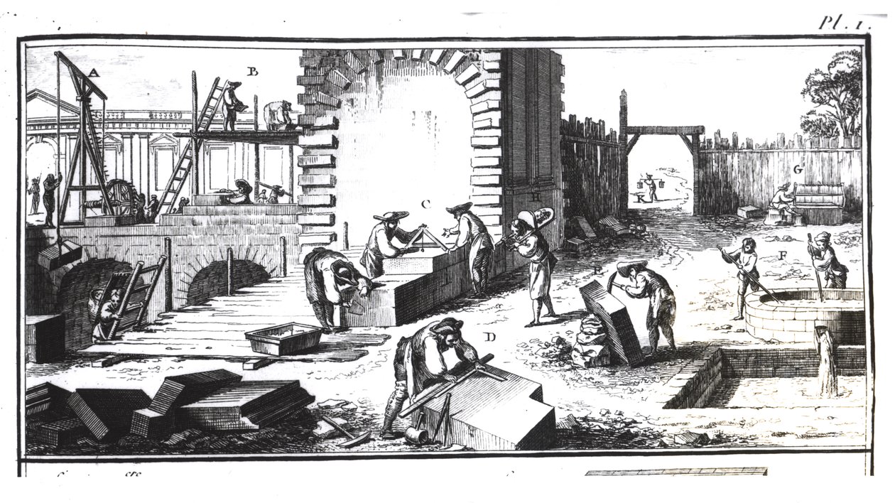 Steinhoggere i arbeid, gravert av Lucotte av Abbé Prévost