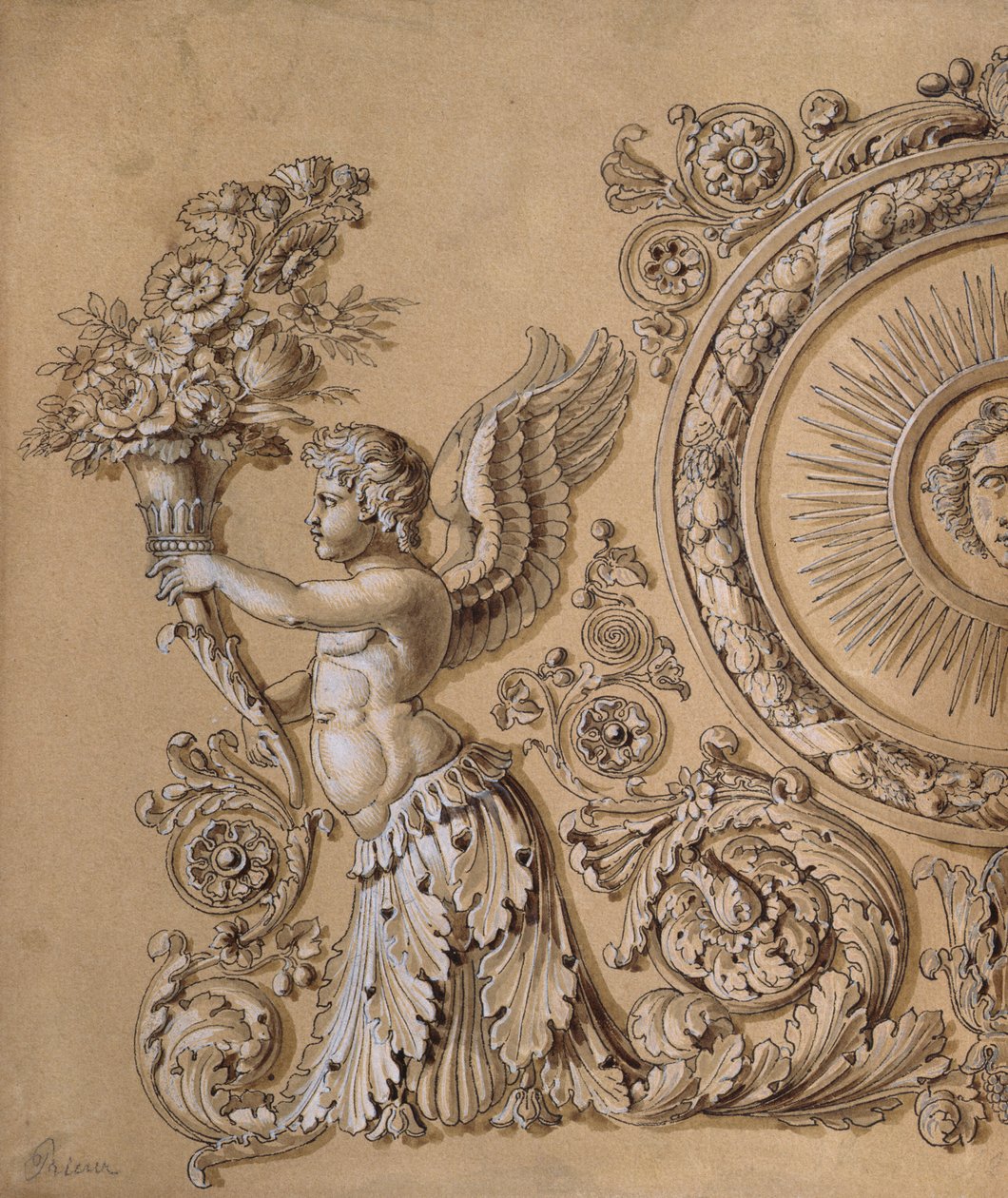 Sølvarbeidsdesign som viser en kjerub med akantusblader, ca. 1800 (penn og blekk og vask forhøyet med hvitt på papir) av Prieur