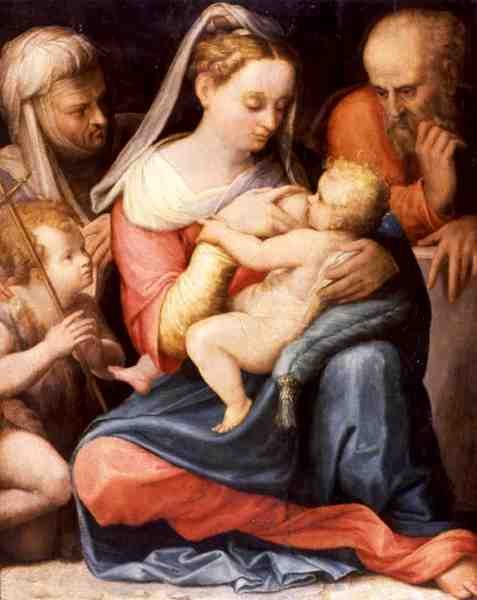 Den hellige familie (olje på panel) av Prospero Fontana