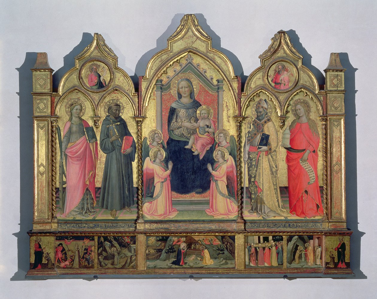 Madonna og Child tronet med St. Catherine, St. Francis, St. Zenobius og St. Mary Magdalene (tempera dn panel) av Pseudo Ambrogio di Baldese
