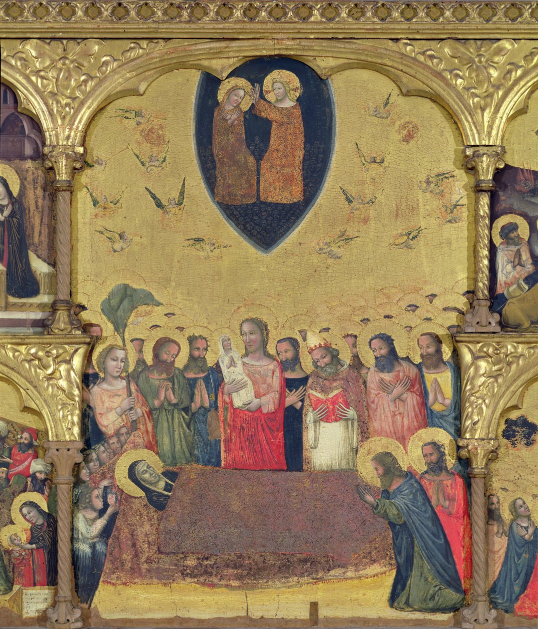 Polyptych of the Dormition of the Virgin, detalj av Dormition and Coronation (tempera på panel) av Pseudo Jacopino di Francesco