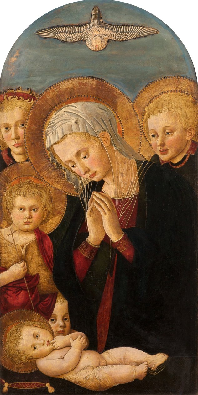 Madonna tilbeder Kristusbarnet, med døperen Johannes og engler, ca. 1480-1500 av Pier Francesco Fiorentino