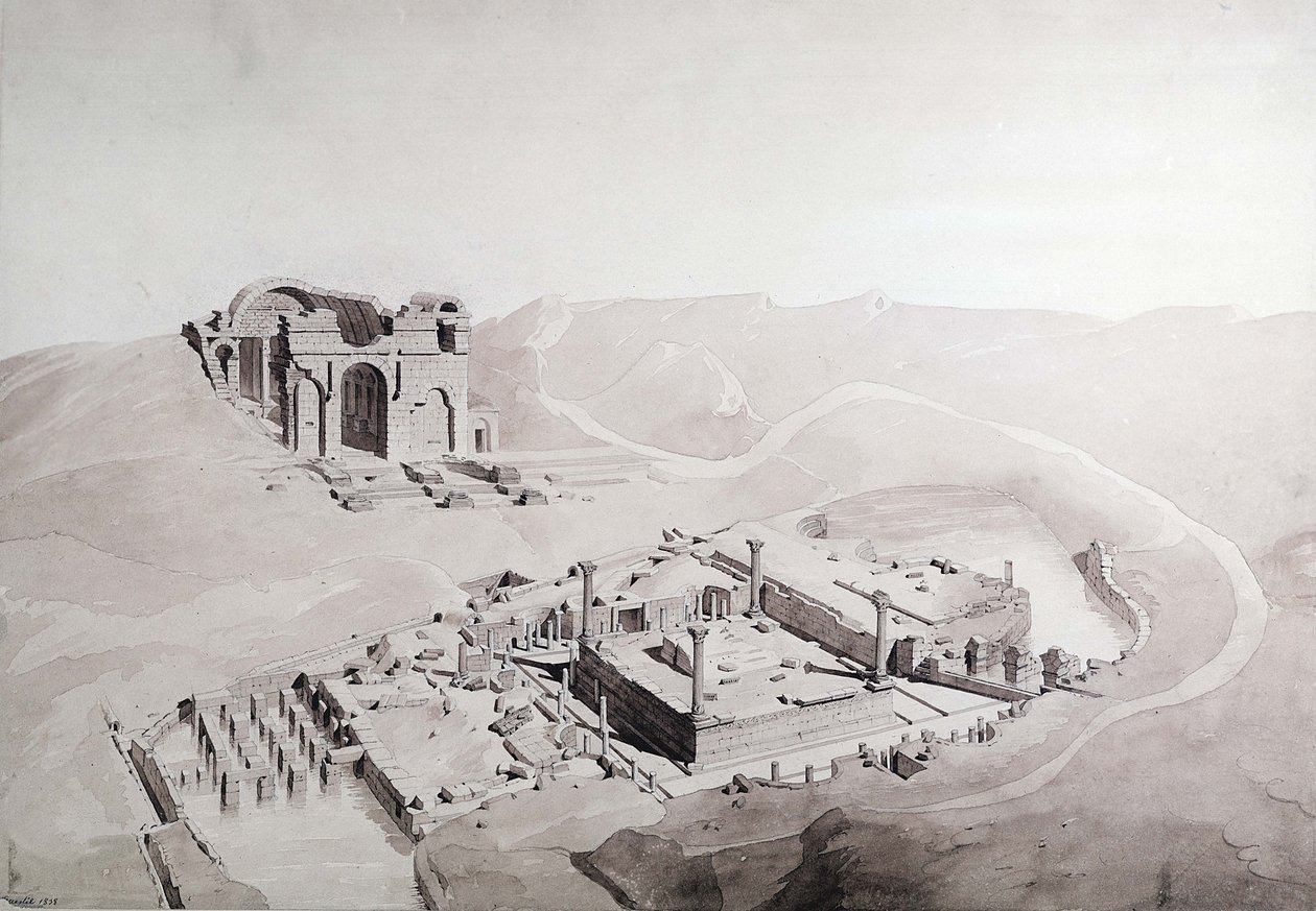 Thermae and Nymphaeum of Nimes, 1838 (vask på papir) av Questel