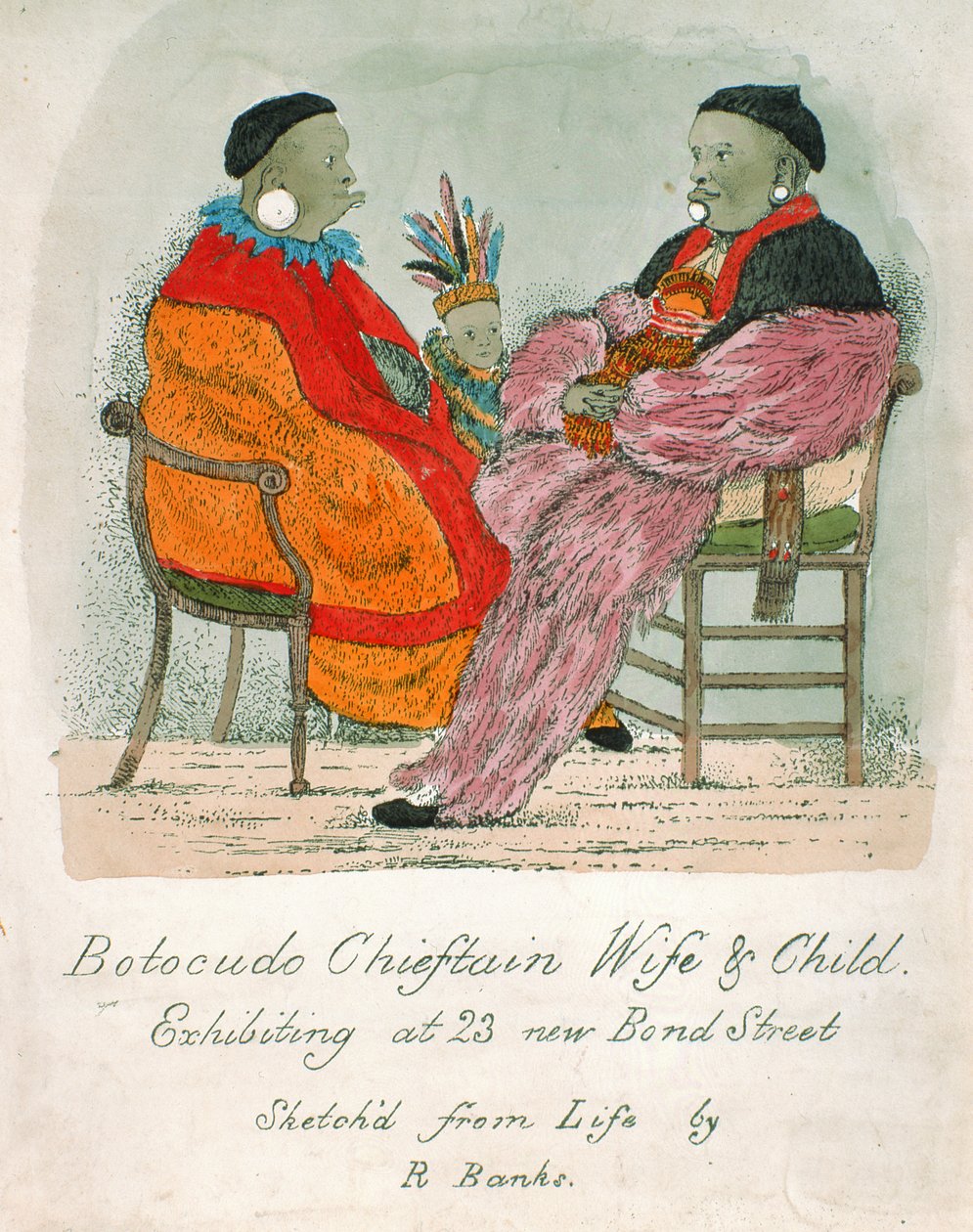 Botocudo Chieftain Wife and Child utstilling på 23 New Bond Street (håndfarget litografi) av R. Banks