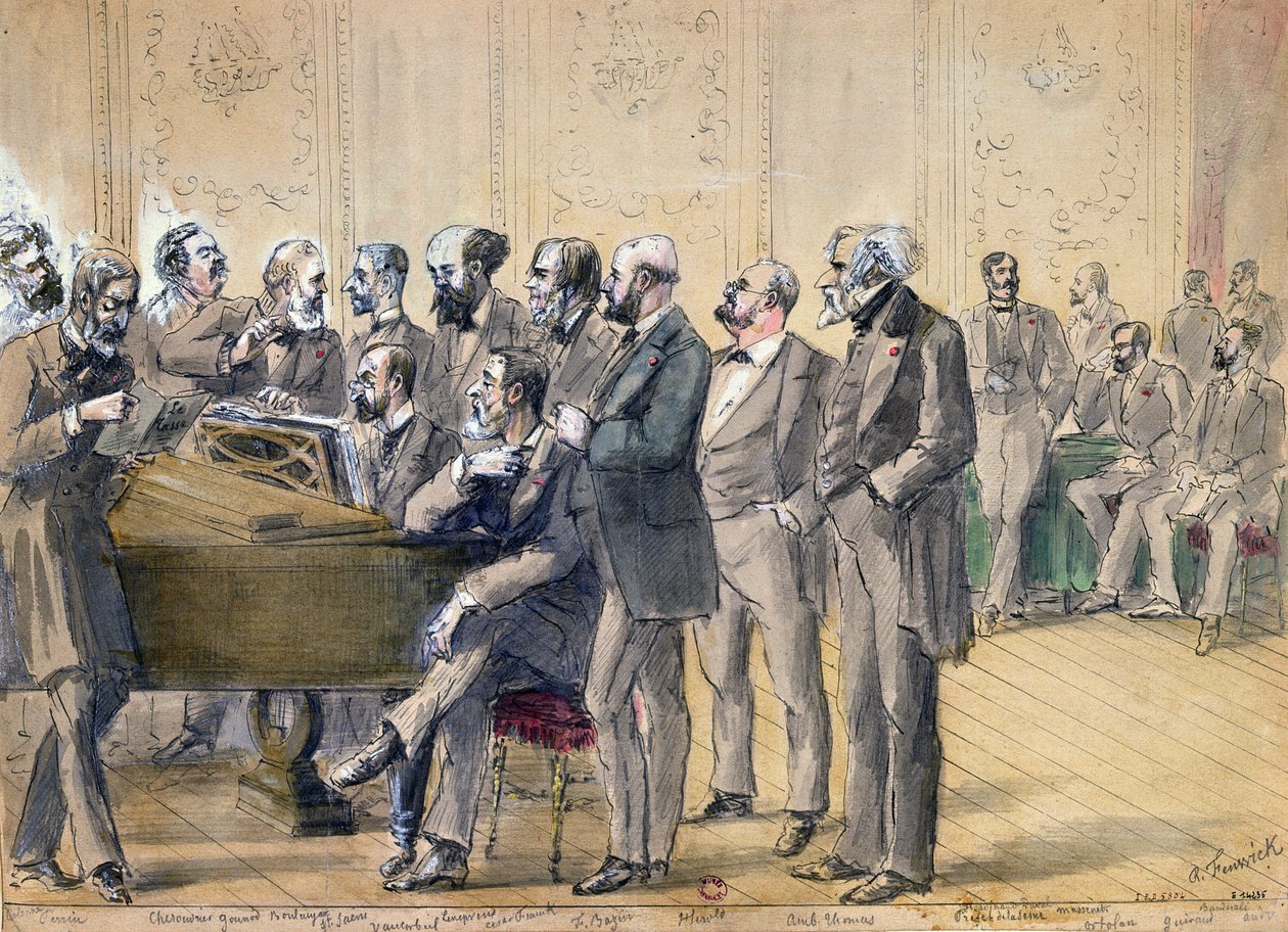 Juryen for Paris Conservatoire, ca. 1871 (penn, blekk og vask på papir) av R. Fenwick