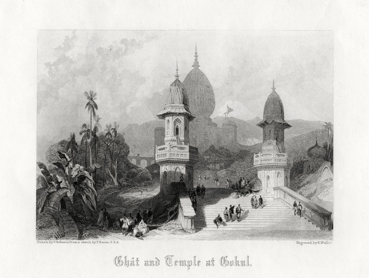 Ghat og tempel i Gokul, India, c1838. av R. Wallis