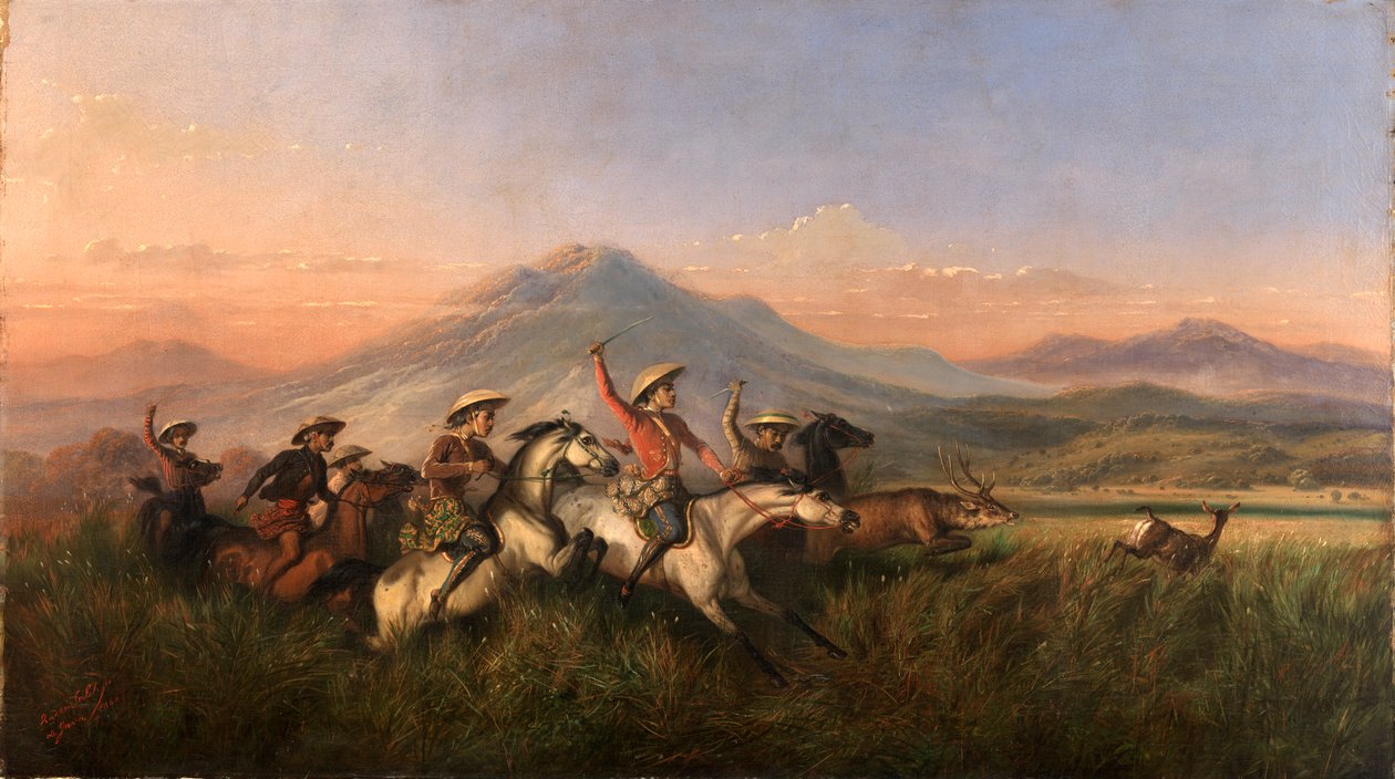Seks ryttere som jager hjort, 1860. av Raden Saleh
