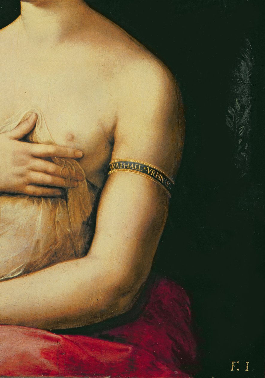 La Fornarina, ca. 1516 (panel) (detalj av 68213) av Raffaello Sanzio Raphael